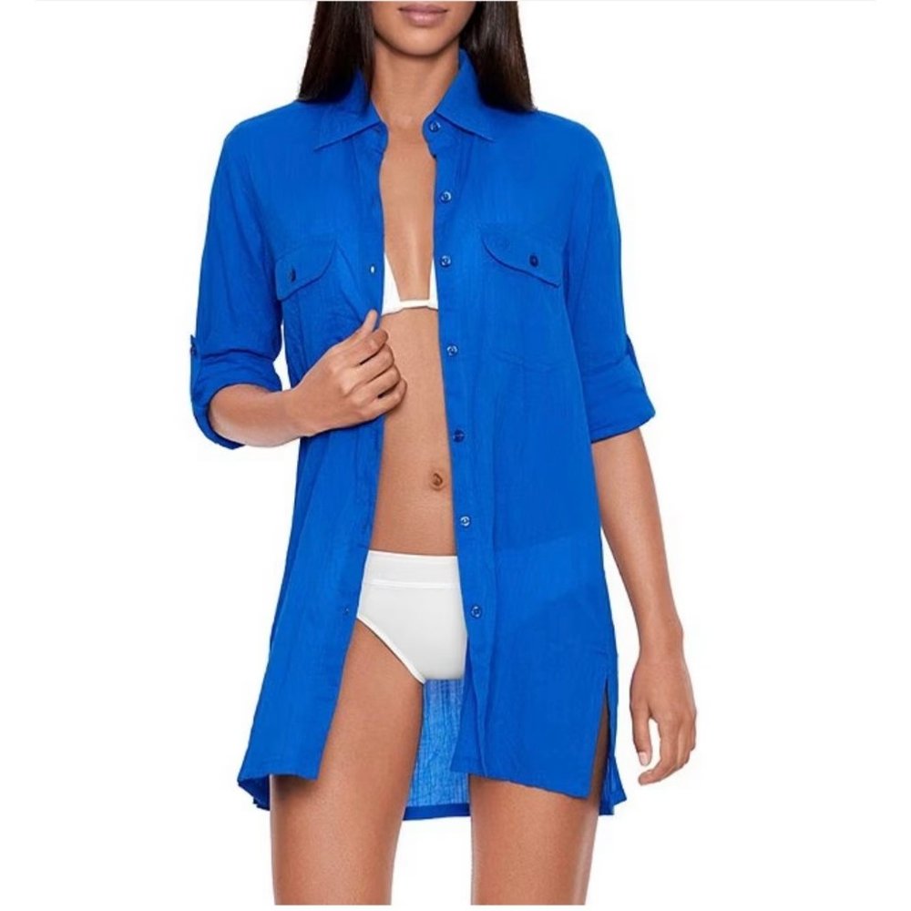 Lauren Ralph Lauren blue Crushed Cotton Short Sleeve Swim Cover-Up Camp Shirt XL